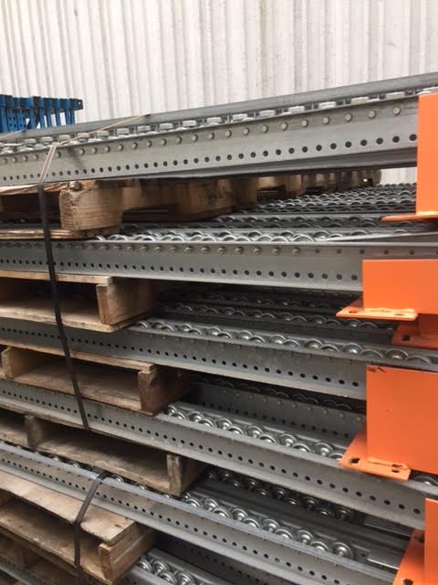 96L Used Pallet Flow Rollers with Skate Wheels and Orange Entry Guards, Galvanized - Used Racking